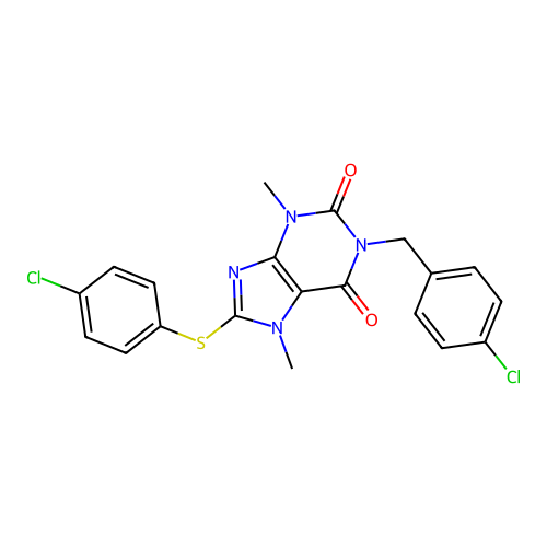1-(4-chlorobenzyl)-8-((4-chlorophenyl)thio)-3,7-dimethyl-1H-purine-2,6(3H,7H)-dione structure