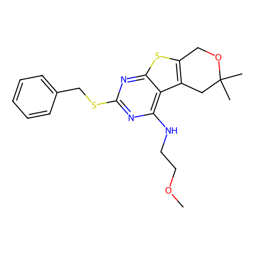 2-(benzylsulfanyl)-N-(2-methoxyethyl)-6,6-dimethyl-5,8-dihydro-6H-pyrano[4',3':4,5]thieno[2,3-d]pyrimidin-4-amine structure