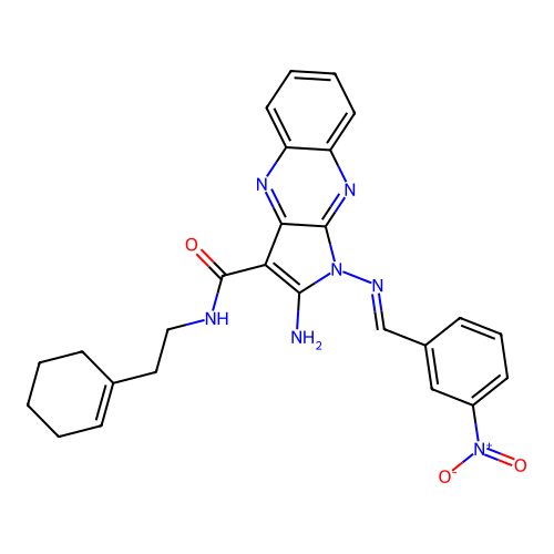 (E)-2-amino-N-(2-(cyclohex-1-en-1-yl)ethyl)-1-((3-nitrobenzylidene)amino)-1H-pyrrolo[2,3-b]quinoxaline-3-carboxamide structure