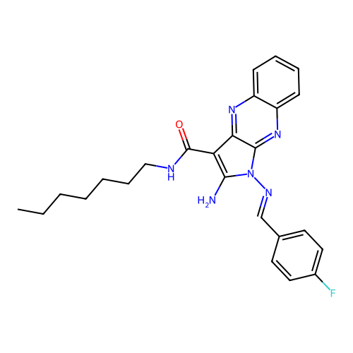 (E)-2-amino-1-((4-fluorobenzylidene)amino)-N-heptyl-1H-pyrrolo[2,3-b]quinoxaline-3-carboxamide structure