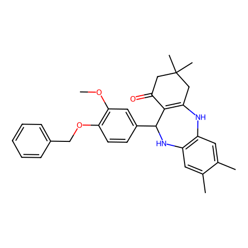 11-(4-(benzyloxy)-3-methoxyphenyl)-3,3,7,8-tetramethyl-2,3,4,5,10,11-hexahydro-1H-dibenzo[b,e][1,4]diazepin-1-one structure