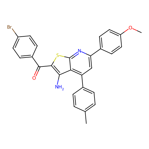 (3-amino-6-(4-methoxyphenyl)-4-(p-tolyl)thieno[2,3-b]pyridin-2-yl)(4-bromophenyl)methanone structure