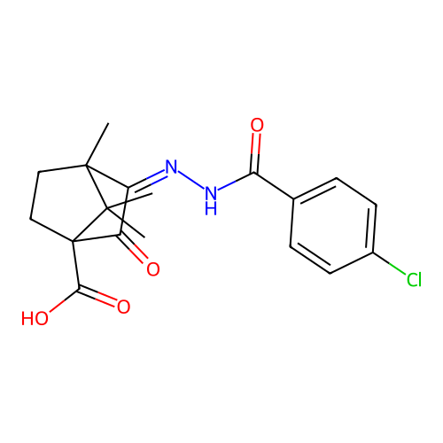 (3Z)-3-{2-[(4-chlorophenyl)carbonyl]hydrazinylidene}-4,7,7-trimethyl-2-oxobicyclo[2.2.1]heptane-1-carboxylic acid structure