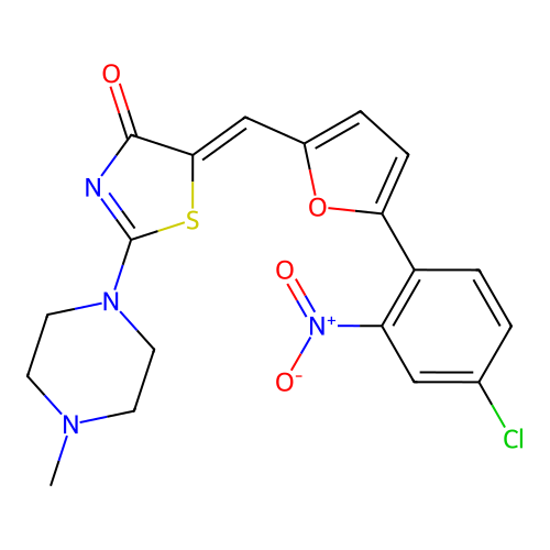 (5Z)-5-[[5-(4-chloro-2-nitrophenyl)furan-2-yl]methylidene]-2-(4-methylpiperazin-1-yl)-1,3-thiazol-4-one structure