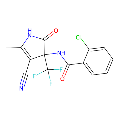 2-chloro-N-[4-cyano-5-methyl-2-oxo-3-(trifluoromethyl)-2,3-dihydro-1H-pyrrol-3-yl]benzamide structure