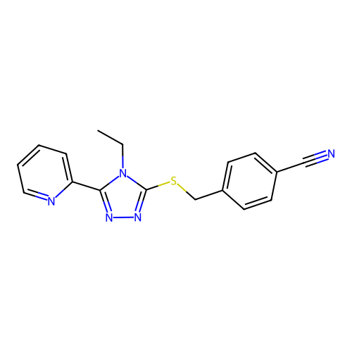 4-({[4-ethyl-5-(pyridin-2-yl)-4H-1,2,4-triazol-3-yl]sulfanyl}methyl)benzonitrile structure