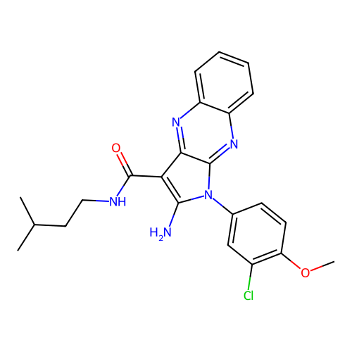 2-amino-1-(3-chloro-4-methoxyphenyl)-N-(3-methylbutyl)-1H-pyrrolo[2,3-b]quinoxaline-3-carboxamide structure