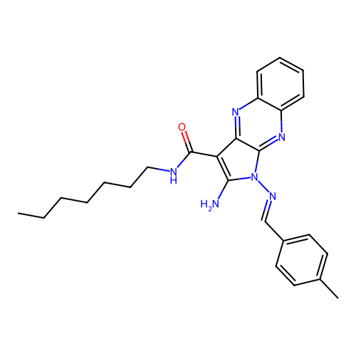 (E)-2-amino-N-heptyl-1-((4-methylbenzylidene)amino)-1H-pyrrolo[2,3-b]quinoxaline-3-carboxamide structure