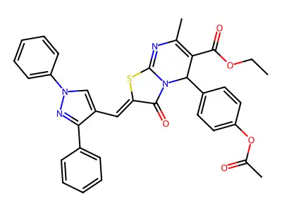 ethyl 5-(4-acetyloxyphenyl)-2-[(1,3-diphenylpyrazol-4-yl)methylidene]-7-methyl-3-oxo-5H-[1,3]thiazolo[3,2-a]pyrimidine-6-carboxylate structure