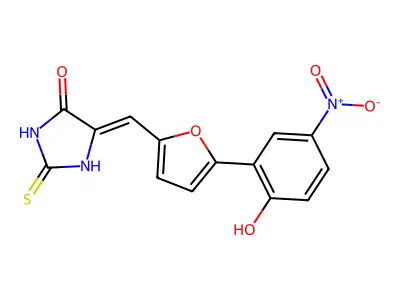 (5Z)-5-{[5-(2-hydroxy-5-nitrophenyl)furan-2-yl]methylidene}-2-thioxoimidazolidin-4-one structure