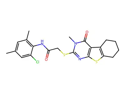 N-(2-chloro-4,6-dimethylphenyl)-2-(3-methyl-4-oxo(3,5,6,7,8-pentahydrobenzo[b] thiopheno[2,3-d]pyrimidin-2-ylthio))acetamide structure