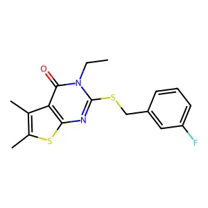 3-Ethyl-2-((3-fluorobenzyl)thio)-5,6-dimethylthieno(2,3-D)pyrimidin-4(3H)-one structure