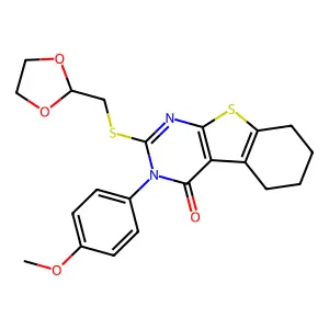 2-[(1,3-dioxolan-2-ylmethyl)sulfanyl]-3-(4-methoxyphenyl)-5,6,7,8-tetrahydro[1]benzothieno[2,3-d]pyrimidin-4(3H)-one structure