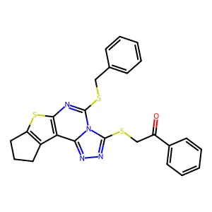 2-((5-(benzylthio)-9,10-dihydro-8H-cyclopenta[4,5]thieno[3,2-e][1,2,4]triazolo[4,3-c]pyrimidin-3-yl)thio)-1-phenylethanone structure
