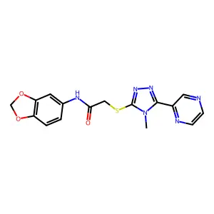 N-1,3-benzodioxol-5-yl-2-{[4-methyl-5-(2-pyrazinyl)-4H-1,2,4-triazol-3-yl]thio}acetamide structure