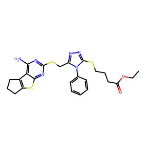 ethyl 4-((5-(((4-amino-6,7-dihydro-5H-cyclopenta[4,5]thieno[2,3-d]pyrimidin-2-yl)thio)methyl)-4-phenyl-4H-1,2,4-triazol-3-yl)thio)butanoate structure