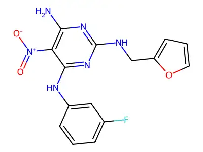4-N-(3-fluorophenyl)-2-N-(furan-2-ylmethyl)-5-nitropyrimidine-2,4,6-triamine structure