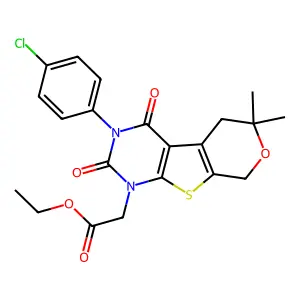 ethyl [3-(4-chlorophenyl)-6,6-dimethyl-2,4-dioxo-3,4,5,8-tetrahydro-2H-pyrano[4',3':4,5]thieno[2,3-d]pyrimidin-1(6H)-yl]acetate structure