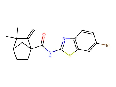 N-(6-bromo-1,3-benzothiazol-2-yl)-3,3-dimethyl-2-methylidenebicyclo[2.2.1]heptane-1-carboxamide structure