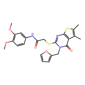 N-(3,4-dimethoxyphenyl)-2-{[3-(furan-2-ylmethyl)-5,6-dimethyl-4-oxo-3,4-dihydrothieno[2,3-d]pyrimidin-2-yl]sulfanyl}acetamide structure