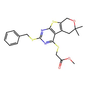 methyl {[2-(benzylsulfanyl)-6,6-dimethyl-5,8-dihydro-6H-pyrano[4',3':4,5]thieno[2,3-d]pyrimidin-4-yl]sulfanyl}acetate structure