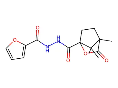 N'-(furan-2-ylcarbonyl)-4,7,7-trimethyl-3-oxo-2-oxabicyclo[2.2.1]heptane-1-carbohydrazide structure