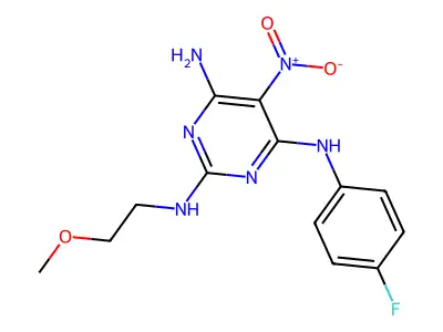 4-N-(4-fluorophenyl)-2-N-(2-methoxyethyl)-5-nitropyrimidine-2,4,6-triamine structure