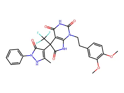 1-(3,4-dimethoxyphenethyl)-5-(5-methyl-3-oxo-2-phenyl-2,3-dihydro-1H-pyrazol-4-yl)-5-(trifluoromethyl)-1H-pyrrolo[2,3-d]pyrimidine-2,4,6(3H,5H,7H)-trione structure