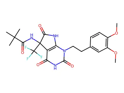 N-[1-[2-(3,4-dimethoxyphenyl)ethyl]-2,4,6-trioxo-5-(trifluoromethyl)-7H-pyrrolo[2,3-d]pyrimidin-5-yl]-2,2-dimethylpropanamide structure