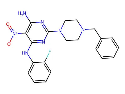 2-(4-benzylpiperazin-1-yl)-N4-(2-fluorophenyl)-5-nitropyrimidine-4,6-diamine structure