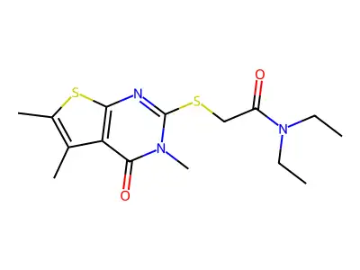N,N-diethyl-2-(3,5,6-trimethyl-4-oxo(3-hydrothiopheno[2,3-d]pyrimidin-2-ylthio))acetamide structure