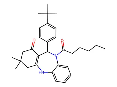 11-(4-tert-butylphenyl)-10-hexanoyl-3,3-dimethyl-2,3,4,5,10,11-hexahydro-1H-dibenzo[b,e][1,4]diazepin-1-one structure