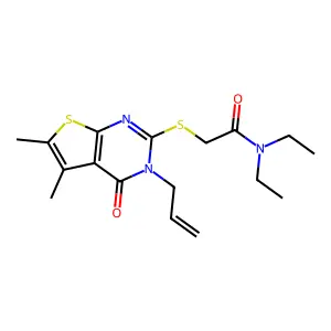 2-(5,6-dimethyl-4-oxo-3-prop-2-enyl(3-hydrothiopheno[2,3-d]pyrimidin-2-ylthio))-N,N-diethylacetamide structure