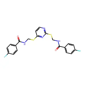 4-fluoro-N-({[2-({[(4-fluorophenyl)formamido]methyl}sulfanyl)pyrimidin-4-yl]sulfanyl}methyl)benzamide structure