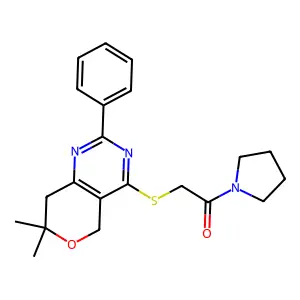 2-[(7,7-dimethyl-2-phenyl-5,8-dihydropyrano[4,3-d]pyrimidin-4-yl)sulfanyl]-1-pyrrolidin-1-ylethanone structure
