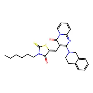 2-(3,4-dihydroisoquinolin-2(1H)-yl)-3-[(Z)-(3-hexyl-4-oxo-2-thioxo-1,3-thiazolidin-5-ylidene)methyl]-4H-pyrido[1,2-a]pyrimidin-4-one structure