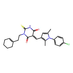 (5Z)-5-[[1-(4-chlorophenyl)-2,5-dimethylpyrrol-3-yl]methylidene]-1-[2-(cyclohexen-1-yl)ethyl]-2-sulfanylidene-1,3-diazinane-4,6-dione structure
