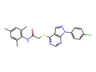 2-((1-(4-chlorophenyl)-1H-pyrazolo[3,4-d]pyrimidin-4-yl)thio)-N-mesitylacetamide structure