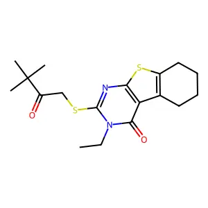 2-(3,3-dimethyl-2-oxobutyl)sulfanyl-3-ethyl-5,6,7,8-tetrahydro-[1]benzothiolo[2,3-d]pyrimidin-4-one structure