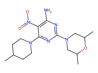 2-(2,6-dimethylmorpholin-4-yl)-6-(4-methylpiperidin-1-yl)-5-nitropyrimidin-4-amine structure
