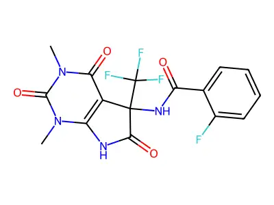 N-[1,3-dimethyl-2,4,6-trioxo-5-(trifluoromethyl)-7H-pyrrolo[2,3-d]pyrimidin-5-yl]-2-fluorobenzamide structure