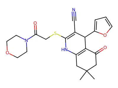 4-(furan-2-yl)-7,7-dimethyl-2-((2-morpholino-2-oxoethyl)thio)-5-oxo-1,4,5,6,7,8-hexahydroquinoline-3-carbonitrile structure