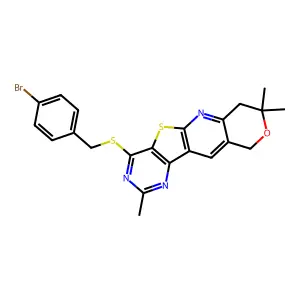 4-((4-bromobenzyl)thio)-2,8,8-trimethyl-8,10-dihydro-7H-pyrano[3'',4'':5',6']pyrido[3',2':4,5]thieno[3,2-d]pyrimidine structure