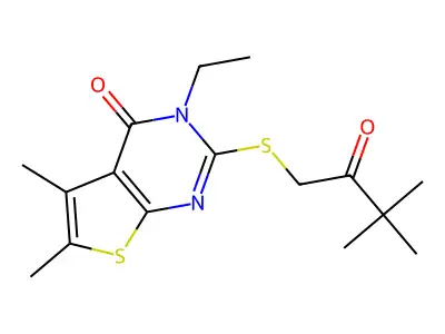 2-[(3,3-dimethyl-2-oxobutyl)sulfanyl]-3-ethyl-5,6-dimethylthieno[2,3-d]pyrimidin-4(3H)-one structure