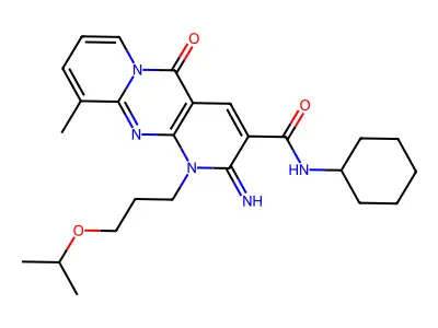 N-cyclohexyl-6-imino-11-methyl-2-oxo-7-[3-(propan-2-yloxy)propyl]-1,7,9-triazatricyclo[8.4.0.0^{3,8}]tetradeca-3(8),4,9,11,13-pentaene-5-carboxamide structure