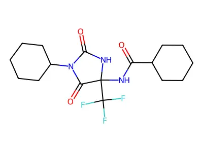 N-[1-cyclohexyl-2,5-dioxo-4-(trifluoromethyl)imidazolidin-4-yl]cyclohexanecarboxamide structure