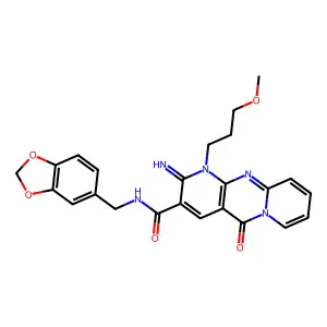 2-imino-5-keto-1-(3-methoxypropyl)-N-piperonyl-dipyrido[1,2-d:3'',4''-f]pyrimidine-3-carboxamide structure