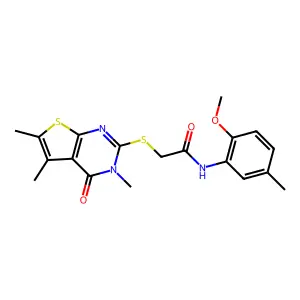 N-(2-methoxy-5-methylphenyl)-2-(3,5,6-trimethyl-4-oxo(3-hydrothiopheno[2,3-d]p yrimidin-2-ylthio))acetamide structure