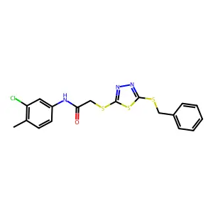 2-((5-(Benzylthio)-1,3,4-thiadiazol-2-YL)thio)-N-(3-CL-4-methylphenyl)acetamide structure
