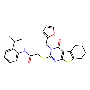 2-[3-(2-furylmethyl)-4-oxo(3,5,6,7,8-pentahydrobenzo[b]thiopheno[2,3-d]pyrimid in-2-ylthio)]-N-[2-(methylethyl)phenyl]acetamide structure